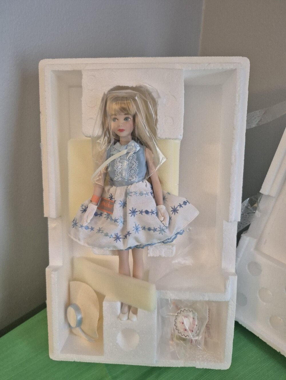 Barbie Blonde Doll in Blue and White Floral Dress